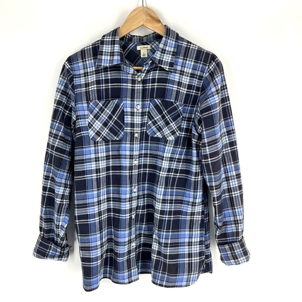 LL Bean Shirt Size Small Women Blue Freeport Flannel Button Up Plaid Top Blouse